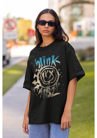 Blink 182 Gülen Yüz Baskılı Unisex Oversize Tişört Siyah