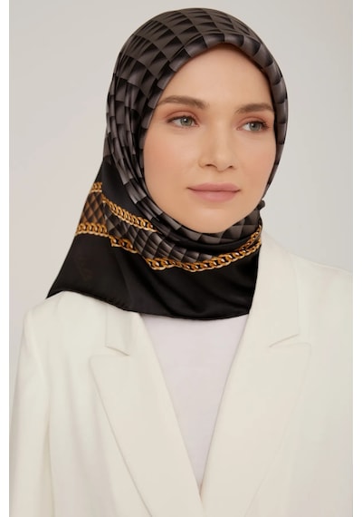Armine Sura İpek Eşarp Siyah, Gri, Gold 8834-s32