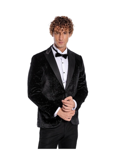 Simli Slim Fit Kadife Siyah Erkek Smokin Ceket - Wessi Siyah