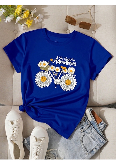 Adventures Baskılı Tasarım Tshirt Mavi