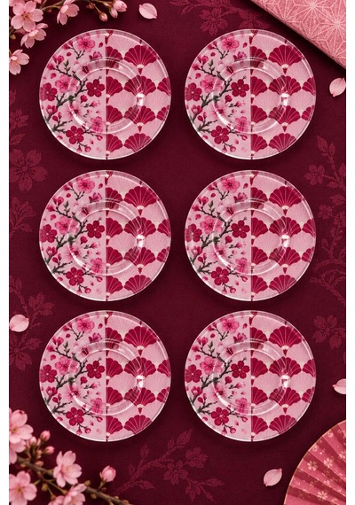 6 Lı Cam Çay Tabağı Kiraz Çiçeği & Japon Yelpaze Desenli 12 Cm 6 Adet Çay Tabak Pembe
