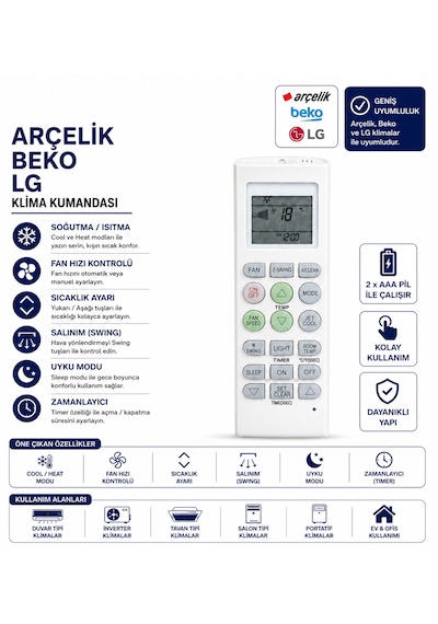 Arçelik Beko Lg Klima Kumandası Lcd Ekranlı Isıtma Soğutma Fan Hızı Swing Jet Cool Uzaktan Kumanda
