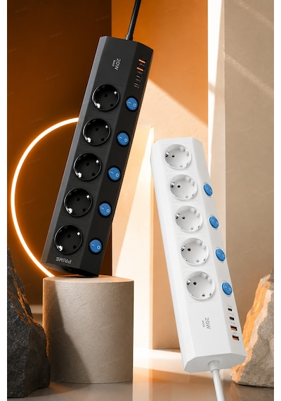 Nvg Pd20c Akım Korumalı 5'li Priz 2m Kablolu 2 Usb + 2 Type-c Usb-c Çoklu Priz Anahtarlı Ftr-28 Masaüstü Priz 0 - 2 M
