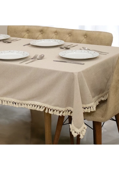 Dnc Home Tekstil  Bej Pamuk Keten Ponponlu Masa Örtüsü Bej