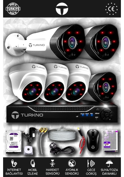 Turkno 6 Kameralı Galia 3 İç Kamera Set 250 GB HDD Full HD Gece Görüşlü Güvenlik Kamerası Sistemi
