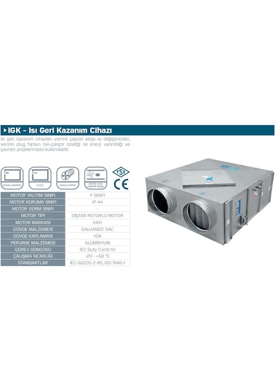 Kayıtes IGK 30 Isı Geri Kazanım Cihazı 2700 M³/H + 9 kW Isıtıcı + Kumanda Paneli
