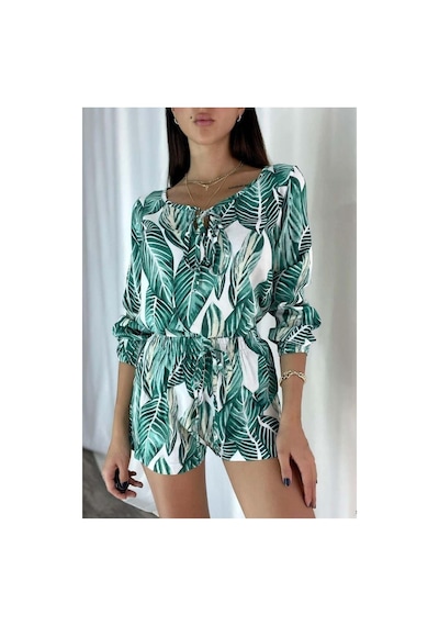 DefyModa Kadın Trend Model V Yaka Kuşaklı Balon Kollu Spor Alt-üst Takım Yeşil
