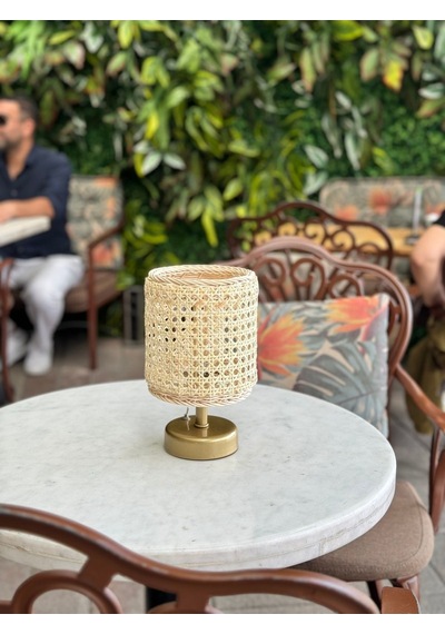 Hazeran & Rattan Masa Üstü Kablosuz Pilli Abajur Masa Lambası Eskitme Gold