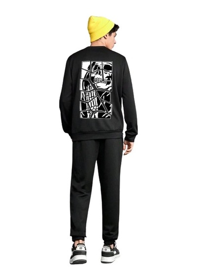Uyguntarz Unisex Skullcracked Baskılı Bisiklet Yaka Eşofman Takımı Siyah