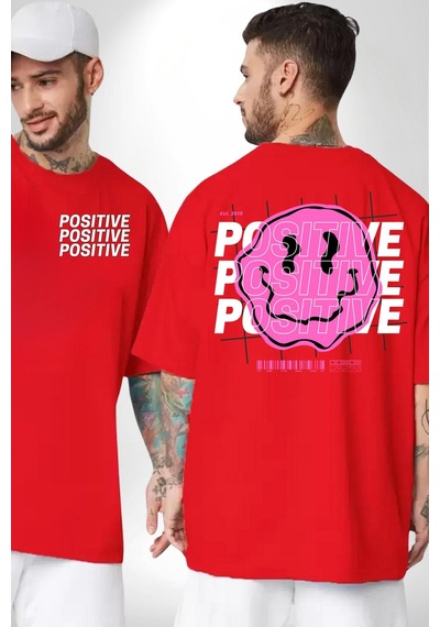 Positive Enerji Emoji Gülen Surat Kırmızı Oversize Unisex Ön Ve Sırt Baskılı Tişört Kırmızı