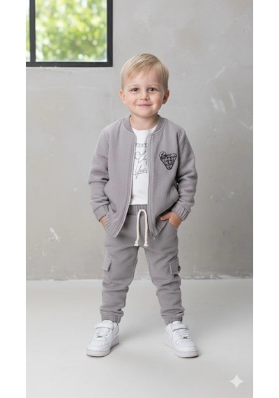 Bontino Erkek Çocuk Sweatshirt, Hırka Ve Pantolonlu %100 Pamuk 3'lü Spor Takım Gri