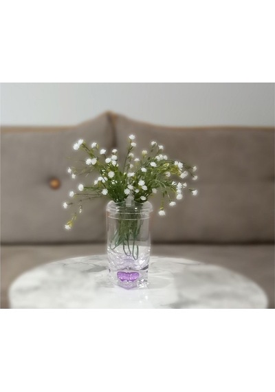 Vazoda Beyaz Yapay Çiçek Dekoratif Mor Damlalı Vazo Dahil 6 x 6 x 19 CM