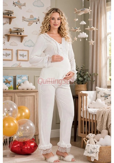 Lady Ekru Renkli Dantel Detaylı 33208 Uzun Kol 2 Parça Lohusa Hamile Pijama Takımı