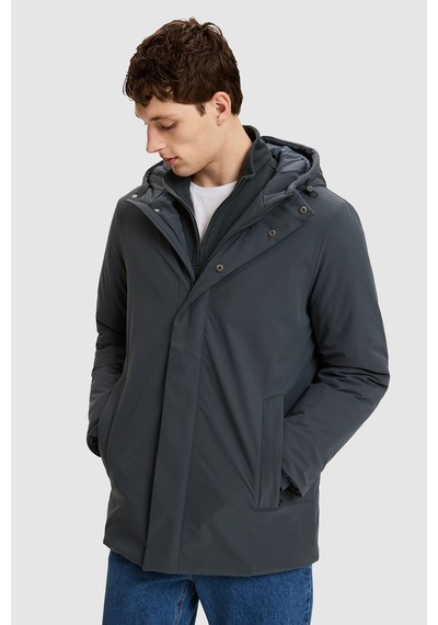 U.S. Polo Assn. Erkek Gri Kapüşonlu Yaka Regular Fit Fermuarlı Çıtçıtlı Cepli Düz Tasarım Uzun Mont 50328204-vr076 Sıs