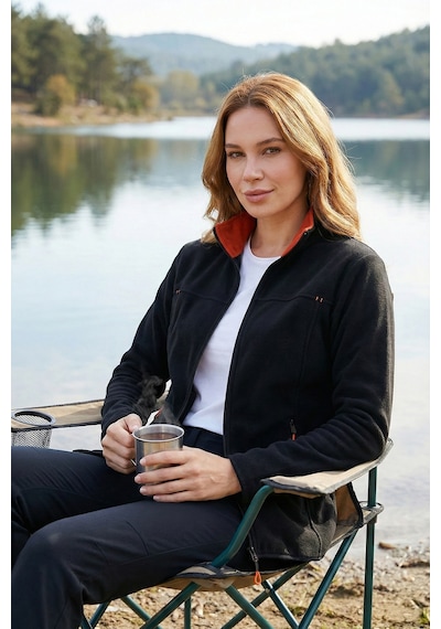 Lela Slim Fit Anti-Pilling Tüylenme Yapmayan Fermuarlı Cepli  Hırka Bayan Polar 5907002 Siyah