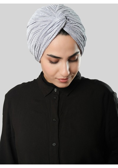 Hürrem Bone Gri Çapraz Büzgülü Piliseli Tesettür Bone Fukuro Kendinden Desenli 2316 15 Gri