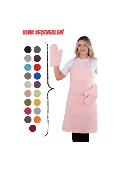 Simple 3lü Set Ayar Askılı Cepli Mutfak Önlüğü Seti 2 Eldiven Şef Garson Kafe Aşçı Barista Pembe