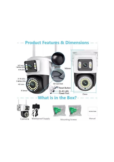 Zhltools 4mp Çift Lens Ip Kamera - Wıfı Açık Otomatik İzleme, Su Geçirmez Kablosuz Güvenlik Ev Kamerası, Renkli Gece Görüş
