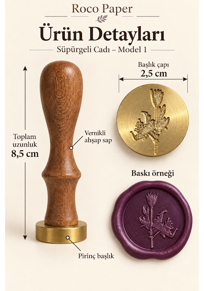 Cadılar Halloween Temalı Ahşap Pirinç Mühür - 2.5 Cm Çap, Süpürge Çok Renkli
