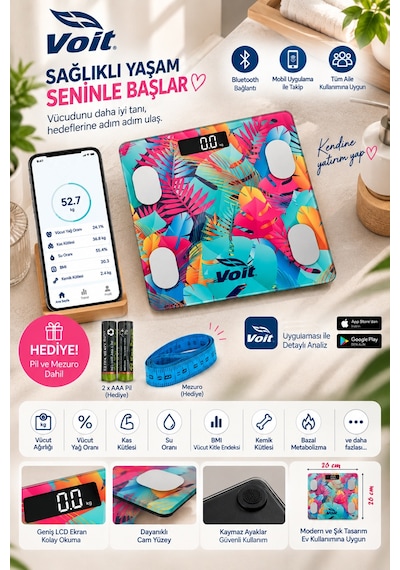 Voit Colorful Bluetooth Baskül Dijital Akıllı Tartı Yağ Ölçer Tartı