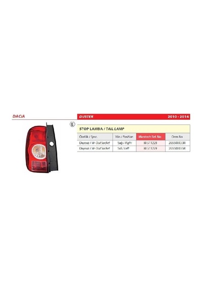Dacia Duster Duysuz Sağ Arka Stop Lambası 2014-2014 -265500035r