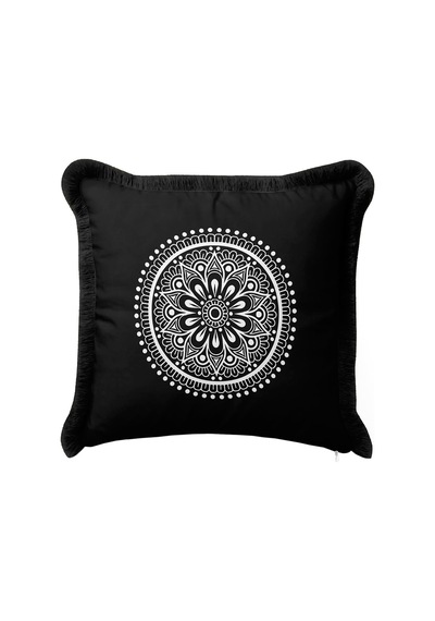 Mandala Motifli Saçaklı Yastık Kılıfı - Bohem Siyah Beyaz Püsküllü Kırlent Kılıfı Orman Nane Yeşili
