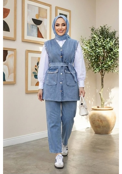 Hb Harma Time Butik Kadın Taş İşlemeli Kuşaklı Yelek-pantolon Açık Kot Mavi İkili Takım Açık Mavi