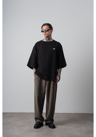 Respire Erkek R Nakışlı Fakir Kol Müslin Oversize T-shirt Siyah