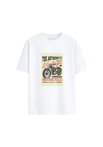 Black Nova Oversize Baskılı Unisex %100 Pamuk T-shirt Vintage Motorcycle Beyaz