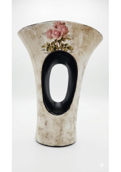 Vintage Gül Desenli Seramik Vazo - Modern Oval Tasarım Dekoratif Çiçek Vazosu - Eskitme Dokulu Salon Ve Masa Üstü Diğer