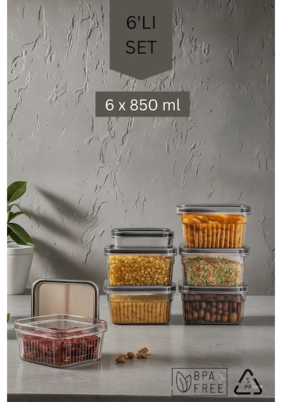 6 Parça Contalı Ve Sızdırmaz Kapaklı Saklama Kabı Seti Buzdolabı Ve Kuru Gıda Uyumlu 6x850 Ml Şeffaf