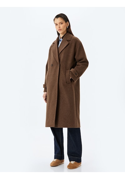 Koton Kruvaze Düğmeli Uzun Oversize Kaşe Kaban Kahverengi 5wak00385ew Kahverengi