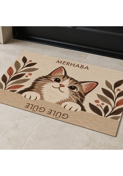 Kartela Halı Merhaba Güle Güle Kedili Kapı Paspası Bej Kaymaz Kauçuk Taban Yıkanabilir 60x90 Cm