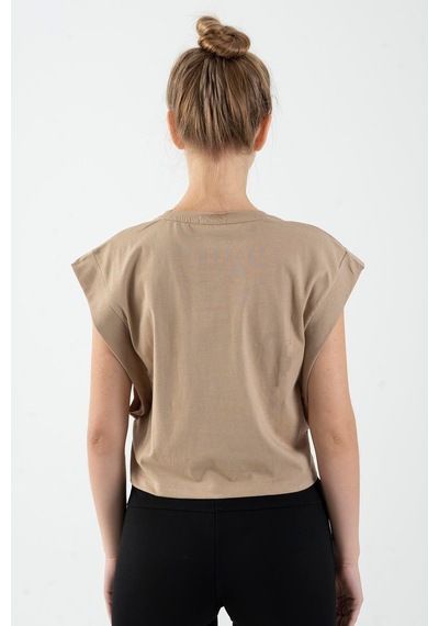 Maraton Regular Kadın Bisiklet Yaka Açık Vizon Crop Top Vizon