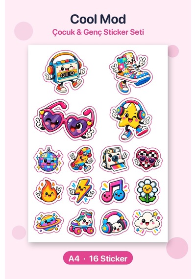 Cool Mod 16 Adet Retro Pop Sticker Çıkartma A4 Ajanda Etiketi Çok Renkli