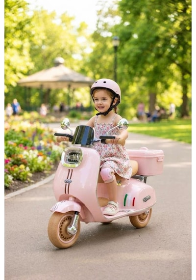 Vespera Pierro Uzaktan Kumandalı 6v Pembe Led Işıklı Arka Sepetli Çocuk Akülü Motor/scooter 3-6 Yaş