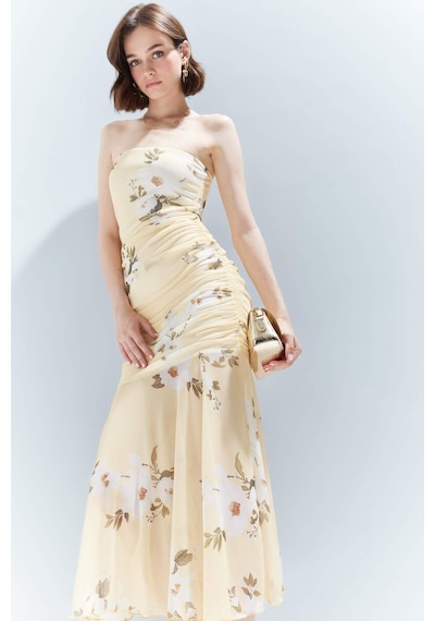 DeFacto Coool Bodycon Vücudu Saran Straplez Çiçek Desenli Tül Maxi Elbise F5577AX25SMYL272