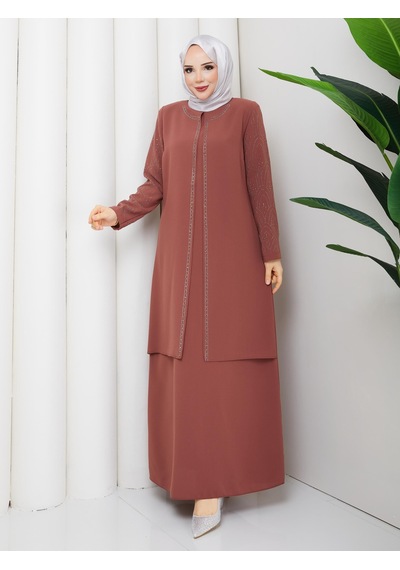 Eslemnur Kolları Taşlı Büyük Beden Anne Elbisesi Kiremit