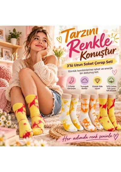 S'82 Unisex Batik Desenli Çorap 3'lü Set Pamuklu Renkli Uzun Soket Dikişsiz Nefes Alan Günlük Spor Çorabı Çok Renkli