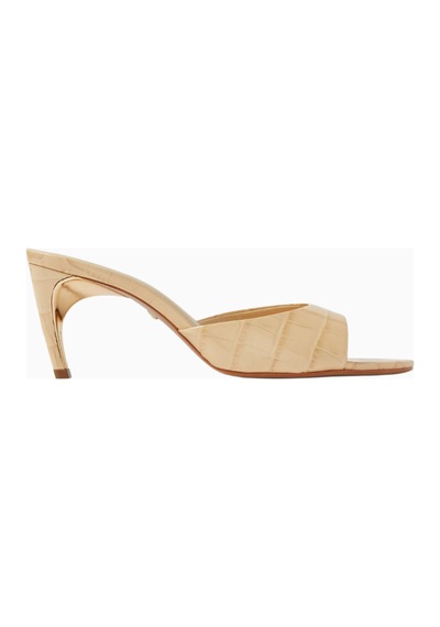 Schutz Curved 80 Timsah Desenli Deri Metal Detaylı, 80mm Topuklu Terlik Bej