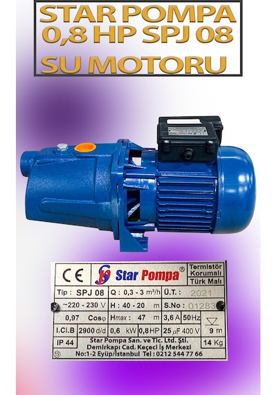0,6 Kw 0,8 Hp 2900 D/d 3,6 A. Su Motoru 220 V/50 Hz Termistör Korumalı Pompa