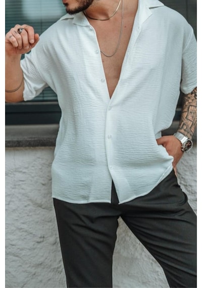 Tarz Cool Erkek Krep Kumaş Oversize Gömlek Beyaz