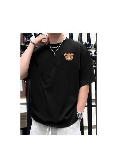 Caddemia Yaz  Rahat Spor Gevşek Karikatür Ayı Desen Baskılı Rahat Yuvarlak Boyun Siyah 2XL
