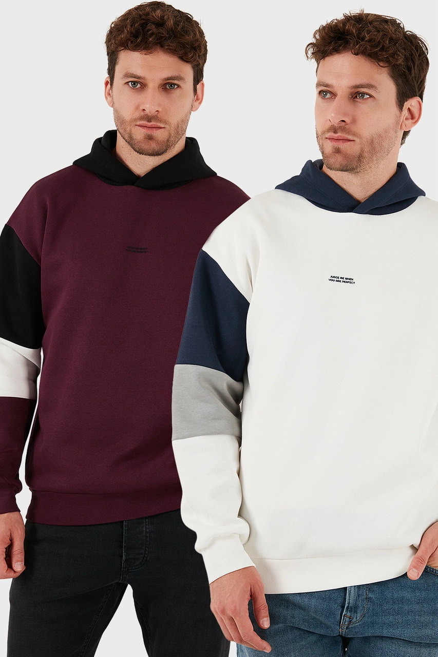 Buratti Pamuklu Relaxed Fit Kapüşonlu Içi Tüylü Yumuşak Şardonlu 2' Li Paket Erkek Sweat 5905299S2 Ekru-Vişne