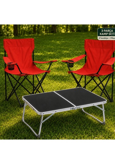 2 Sandalyeli Katlanır Kamp Seti 60x40 Cm Masa Ve Sandalye Kırmızı