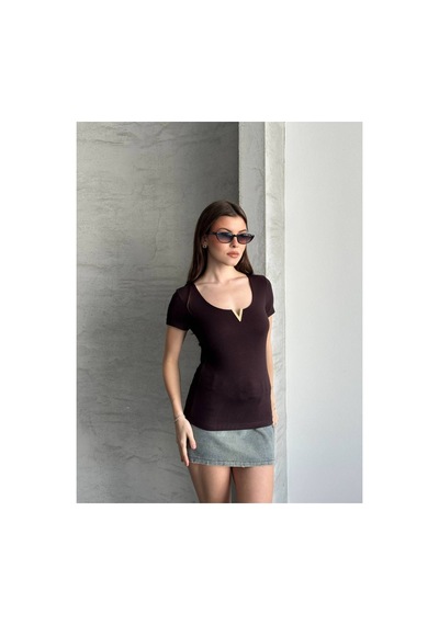 Asur Boutique Asur Butik Kadın V Demirli Esnek Kumaş Kısa Kol Body Kahverengi