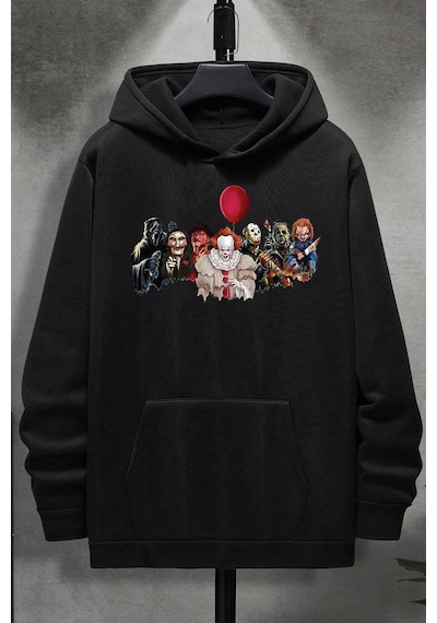 Uyguntarz Korku Karakterleri Baskılı Unisex Oversize Sweatshirt siyah