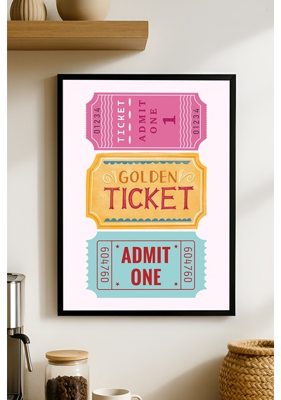 Golden Ticket Ahşap Çerçeveli Poster, Dekoratif Hediyelik Duvar Tablosu