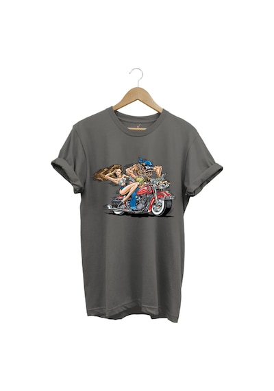 Motosiklet Motor Süren Adam Ve Kadın Baskılı %100 Pamuk Regular Fit T-shirt Gri