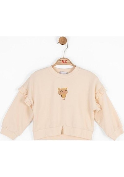 Nk Kids Kız Bebek İçi Şardonlu Oversize Baykuş Baskılı Sweatshirt-14718 Krem
